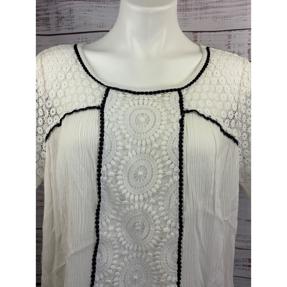 Sundance Ivory Lace Boho embellished Tunic Top Short Sleeve Black Pom Trim Large - Picture 2 of 8